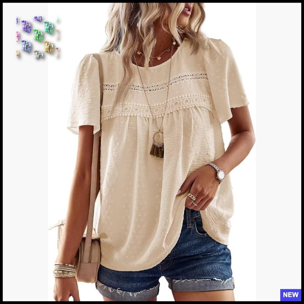 Boho Crochet Lace Crewneck Blouse Loose Fit Chiffon Short Sleeve Top